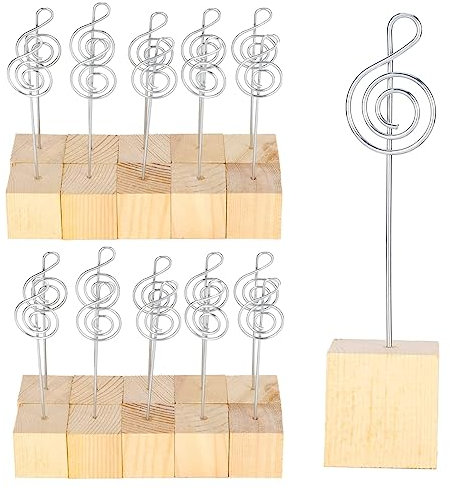 Agatige Real Wood Place Card Holders, 20pcs 12cm Table Number Card Holders Stands for Wedding with Music Note Wire for Wedding Party Name Sign