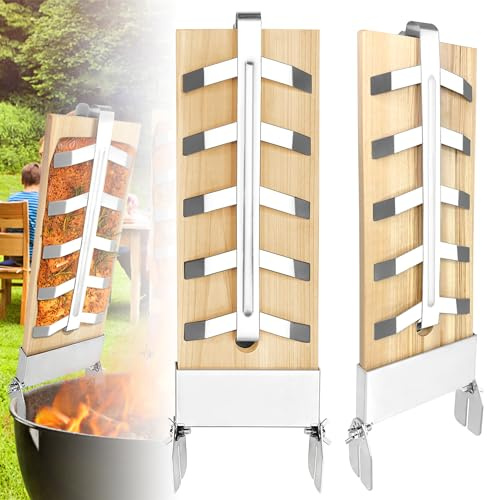 LZQ 2X Flammlachsbrett Flammlachsbretter mit Edelstahl-Halterung Lachsbretter 5 Stufen Einstellbar Flammlachs Zum Grillen für Feuerschale Wood Board Outdoor Grill Zedernholzbrett