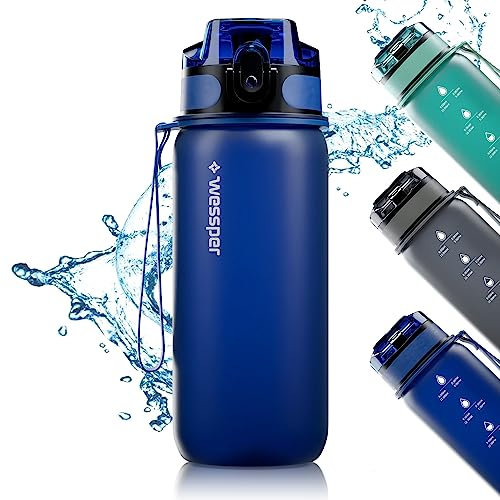 Wessper Tritan Trinkflasche 500ml Blau Wasserflasche Mit Zeitmarkierung BPA-frei | Auslaufsichere Sportflasche Für Fahrrad Schule Kinder Wandern Sport | Water Bottle Fitness Flasche Spülmaschinenfest