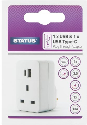 STATUS USB A & USB C Charging Port Power Adapter | White Plug Through Adaptor | S2USBACPT1PK