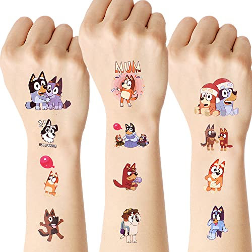 AOOWU Temporary Tattoo for Kids, 8 Sheets Kids Tattoos Sticker, Waterproof Fake Tattoo Set, Childrens Cartoon Stickers Stick on Tattoo for Boys Girls Birthday Party Bag Filler Little Blue Dog