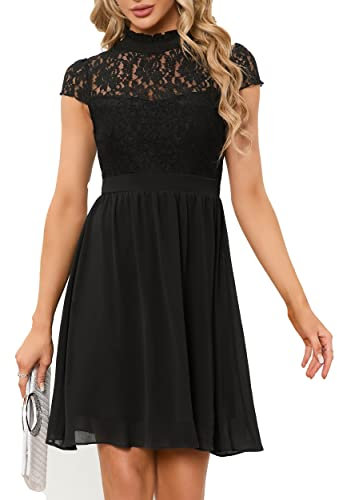 HOMEYEE Damen Elegant Kurzarm Blumen Spitze Abendkleid für Hochzeit Rockabilly Chiffon Cocktailkleid A372 (M, Schwarz)