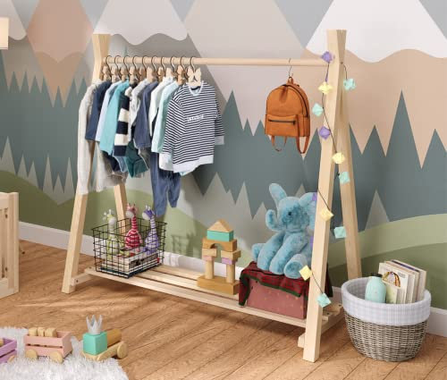Bellabino Ryck Kleiderstange für Kinder – Kleiderständer aus Kiefer Massivholz in Natur/Weiß – Montessori Kindergarderobe für Jungen & Mädchen – Garderobe mit Schuhablage für Kinderzimmer