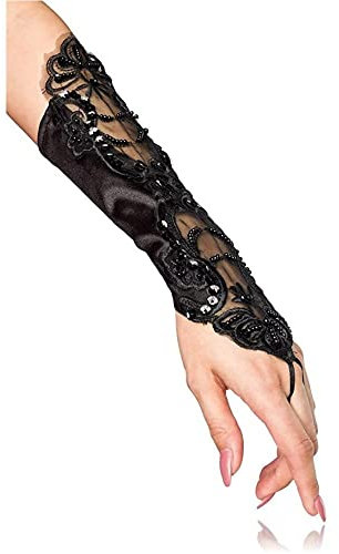 EROSPA® Armstulpen Handstulpen mit Stickerei und Perlen Damen - Schwarz - Hochzeit Braut Fasching Karneval Handschuhe - S-L