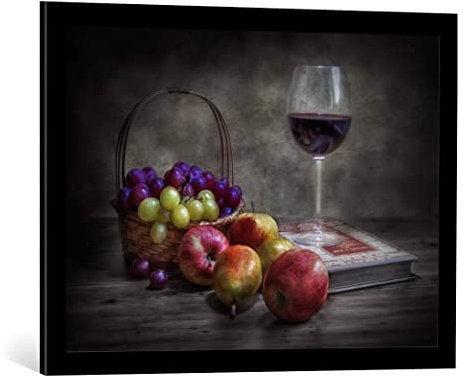 kunst für alle Bild mit Bilder-Rahmen: Fran Osuna Wein Obst und Lesen - dekorativer Kunstdruck, hochwertig gerahmt, 75x55 cm, Schwarz matt