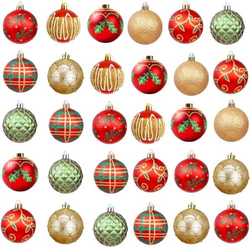 30Pcs Red Gold and Green Christmas Ornaments 6cm Shatterproof Christmas Baubles for Christmas Tree Decorations Xmas Party Hanging Ornaments