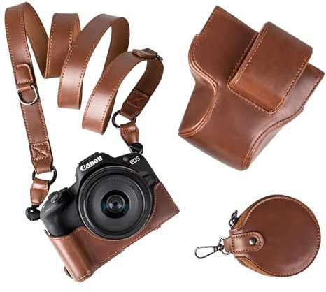 MUZIRI KINOKOO EOS R50 R100 Case, Retro PU Leather Camera Case Bag Cover for Canon EOS r50 r100 DSLR Camera - EOS R50 R100 Case with Bottom Opening Version & Shoulder Strap & Storage Pocket - Coffee