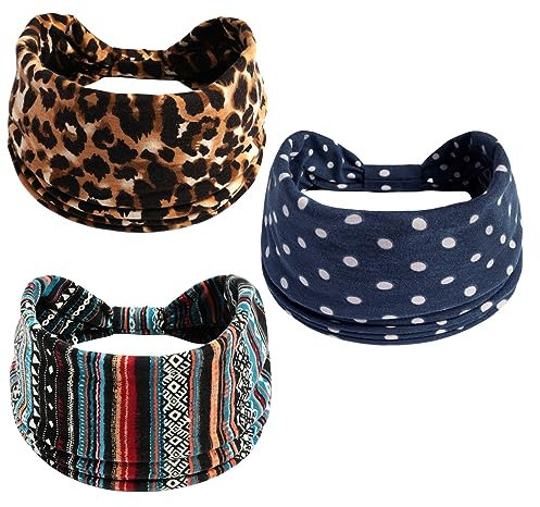 scicent Haarschmuck 3 Stück Stirnbänder Damen Frauen Breites Haarband Boho Blumendruck Leopard Knot Elastische Lauf Yoga Kopfwickel Haarbänder Mehrfarbig, 13630
