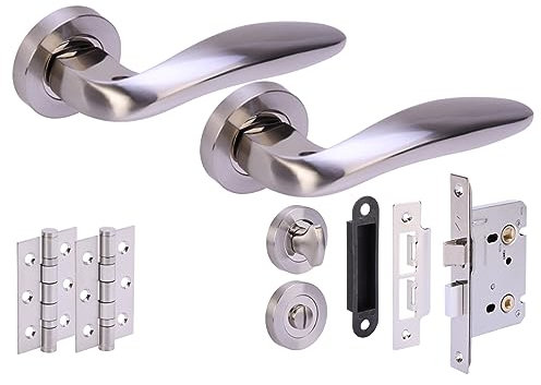HANDLEZONE® Lagus Door Handles on Rose Bathroom Lock Pack with 75mm Ball Bearing Hinges and 76mm Lock - Dual Polished/Satin Nickel