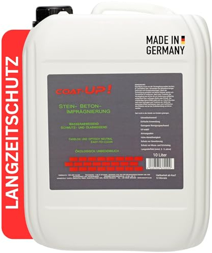 COAT-UP Beton- und Steinimprägnierung 10 Liter für 80 bis 120 m² | Wasser-, schmutz- und ölabweisender Schutz | Extremer Abperleffekt | Atmungsaktiv und farbneutral | Made in Germany
