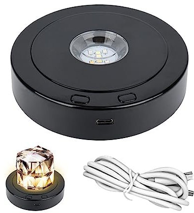 Round Rotatable LED Night Light, 4 Revolving & 8 Light Modes Display Stand, Multiple Led Color Rotating Display Base for Crystal Statues Glass Ball Glass Art(Black)