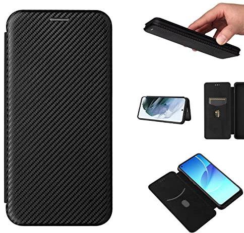 ESONG Karbonfaser-Leder Hülle Kompatibel mit Xiaomi 13T/13T Pro,PU Ledertasche TPU Etui mit Ständer/Kartenfächer/Magnetverschluss Brieftasche Klappetui Schutzhülle - Schwarz