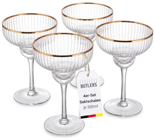 BUTLERS GOLDEN TWENTIES Cosmopolitanglas, 4er-Set, 350 ml, Goldrand | Cocktailschale mit mundgeblasenem Kristallglas, geriffelte Optik, handbemalt, für Cocktails, ? 12 x 19 cm