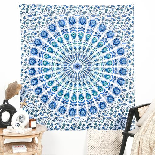 RAJRANG BRINGING RAJASTHAN TO YOU Pfauen-Wandteppich, Baumwolle, Wandbehang, Hippie-Wandteppiche, Hippie-Strandüberwurf, College-Wohnheim-Dekoration, Bohemian-Boho-Bettlaken, 127 x 152 cm