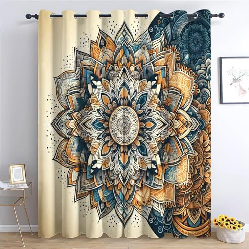 Senfgelb Vorhänge für Wohnzimmer Schlafzimmer, Mandala Blume Muster Vorhang Blickdicht Kälteschutz Hitzeschutz Waschbar, Gardine mit Ösen für Kinderzimmer Deko, 2er Set H215 x B110 cm