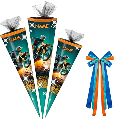 alles-meine.de GmbH Schultüte - BMX Motocross - Motorrad - 50-85 cm - Größe wählbar - inkl. Name + Bänder Schleife - Zuckertüte - Tüll Abschluß - eckig/rund - klein & groß - ..