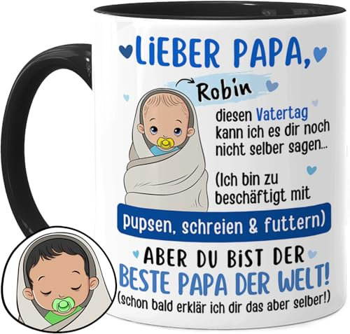 Tassenliebling® Papa Tasse personalisiert für frischgebackene Väter - Lieber Papa diesen Vatertag kann es dir nicht selber sagen - Schwarz - Erster Vatertag- Geschenk für junge Papas mit Baby
