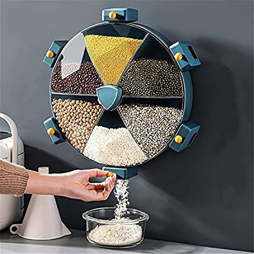 Distributeur de céréales Mural Conteneurs de Stockage de Riz rotatifs Distributeurs de céréales Seau de Riz à Grains avec 6 Compartiments Distributeur de Nourriture sèche pour Gadget de cuis
