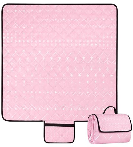 Picknickdecke Wasserdicht, 200x200cm Tragbare Stranddecke Sandfrei mit Tragegriff, Faltbare Waschbar Outdoor Campingdecke für 4-6 Personen im Park, Garten, Rasen, BBQ, Wandern - Rosa Geometrisch