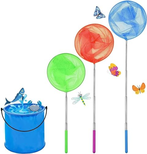 3 Pack Kids Fishing Net,3 Colours Mesh Net Extendable Butterfly Net | Telescopic Catching Net for Catching Crabbing Bugs Insects Bird Playing Beach Ponds Pool Outdoor