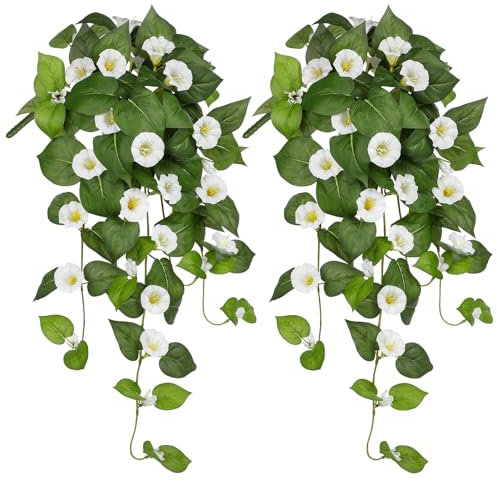 Briful 2-pack Artificial Morning Glory Silk Flowers Hanging Bush, 25.6 Tall White Artificial Flowers Fake Hanging Plants for Kitchen Bathroom Shelf Wall Decorations