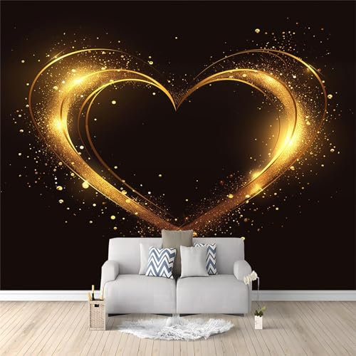 Vlies Fototapete Goldenes Herz auf schwarzem Hintergrund Thema für moderne Wohnzimmer Schlafzimmer Motivtapeten Wandtapete Tapete Vliestapete UV-Beständig Hohe Auflösung (250 x 175 cm)