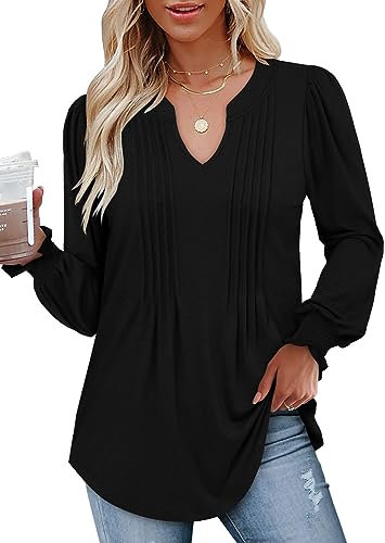 CHICZONE Womens Puff Long Sleeve Pleated Sexy T Shirts Fall V Neck Tops Casual Tunic Blouse B Black