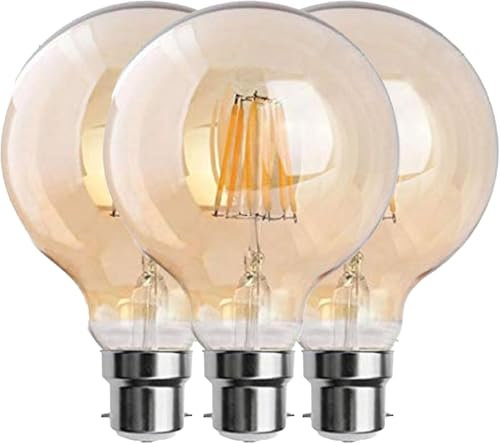 DC VOLTAGE, Vintage LED Edison, G95 Bayonet Cap, B22 Globe 8W Light Bulb, LED Filament Dimmable Warm White 2700K Amber Glass Old Fashioned GLS 800 Lumen CRI>90,220V 90% Energy Saving, Pack of 3