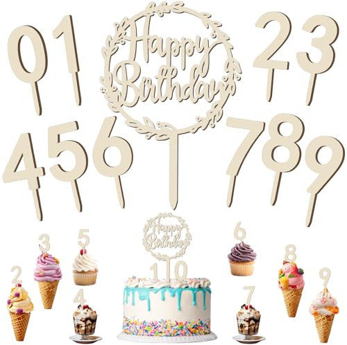 Happy Birthday Tortendeko mit Cake Topper Zahlen 0-9, Holz Kuchendekor Cupcake Topper Kuchen Deko für Mädchen Junge Frauen Mann Geburtstagsfeiern Hochzeit