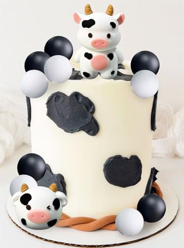Little Cow Cake Decoration Cowboy Cowgirl Birthday Cake Topper Black White Balls Cake Topper Barnyard Farm Animal Party Decorations