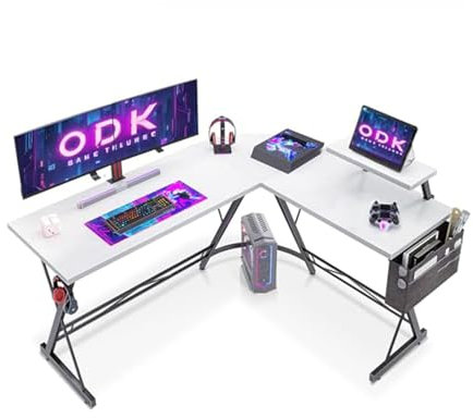 ODK Gaming Desk, L-Shaped Computer Corner Desk, PC Gaming Desk with Large Monitor Stand for Home Office, Learning Writing Workstations (Pure White, 147 x 120 cm)