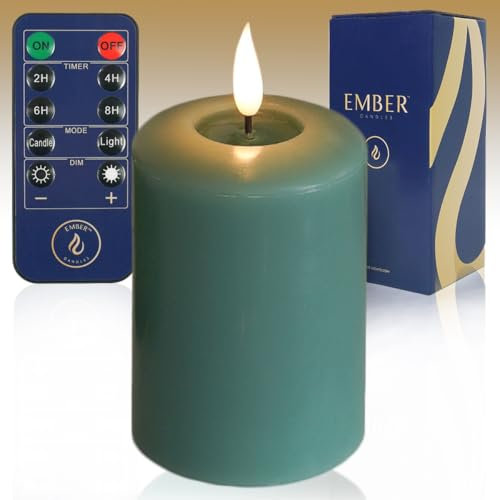 Ember Candles™ 10cm Signature Sage Green LED Flickering Battery Candle – 100% Real Wax, Ultra-Realistic, Flameless, Hand-Poured Design, 6-Hour Timer for Safe Indoor Use (with Remote Control)