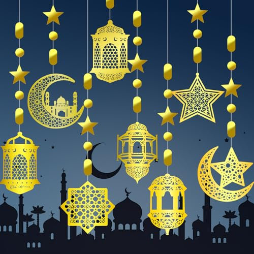 Ramadan Mubarak Deko Eid Girlande Dekoration, 8 Stück Ramadan Banner Gold Stern Mond Ramadan Dekorationen, EID Mubarak Deko für Muslimische Eid Festival Party Dekoration, Ramadan Kareem Dekoration