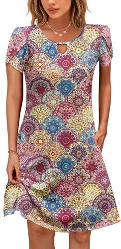 Cuptacc Kleider Damen Kurz Strandkleid Blumenärmel Sommer 2025 Fashion Tunikakleid mit Taschen Gelb Blau Rote Blume,XL 46