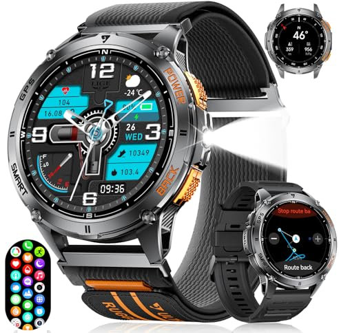 ESFOE DM4 Montre Connectée Homme GPS Torche LED 530mAh Batterie, 1,43'' AMOLED Montre Connectée Militaire avec Baromètre, Boussole, Fréquence Cardiaque, SpO2, Sommeil, 5ATM Étanche pour Android iOS