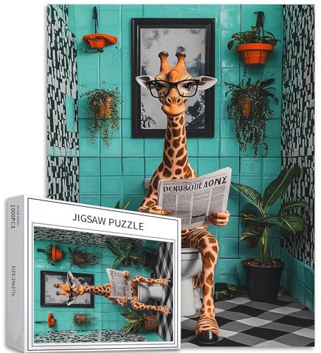 Giraffe auf Toilette, 1000-teiliges Puzzle für Erwachsene, Giraffenlesen, Zeitung, Kunstpuzzle für Heimdekoration, Geschenke, Familienpuzzle, perfekt für Spieleabende, 50,8 x 68,9 cm