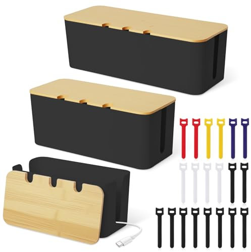 Votoko Caja para Cables, Juego de 3 Cajas Guarda Cables con 20 Bridas, Caja Organizadora de Cables con Tapa de Madera para Ocultar y Organizar Cables, Tamaños Grande, Mediano y Pequeño