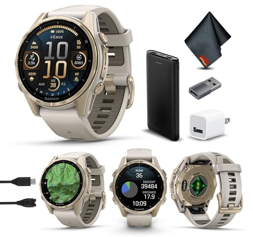 Garmin Fenix 8 Smartwatch AMOLED Sapphire Premium Multisport GPS oro morbido con cinturino in silicone grigio nebbia/arenaria, torcia LED integrata, pacchetto di smart watch per salute e fitness, per