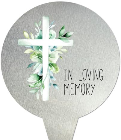 younikat Grabstecker aus Edelstahl I Grabschmuck Rund 16 cm Deko I Spruch - In Loving Memory Kreuz I you0074