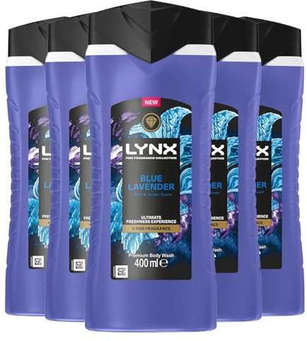 Lynx Fine Fragrance Collection Body Wash for Men Blue Lavender, Pack of 5, Premium Shower Gel Infused with Essential Oils That Gives You 12 Hours of Freshness, 400 ml