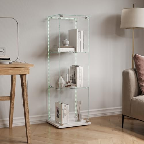 TIMORWTF Vitrine aus Glas mit LED-Lichtband, moderner Schrank mit 3 Regalen, Tür, Wandmontage für Sammlung, Schlafzimmer, Wohnzimmer und Esszimmer, 123x40x35cm, Weiß