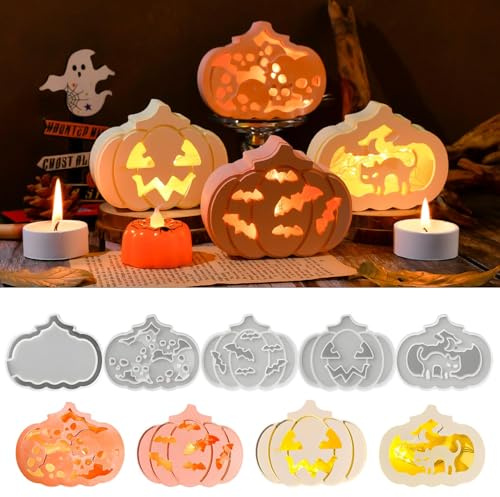 Silikonformen Gießformen Halloween, Gothic Deko Gießformen Silikon Silikonform Kerzenhalter Gießform mit Ghost und Spinnennetz Muster, Giessformen Silikon für DIY Halloween Deko (Kürbis 02)