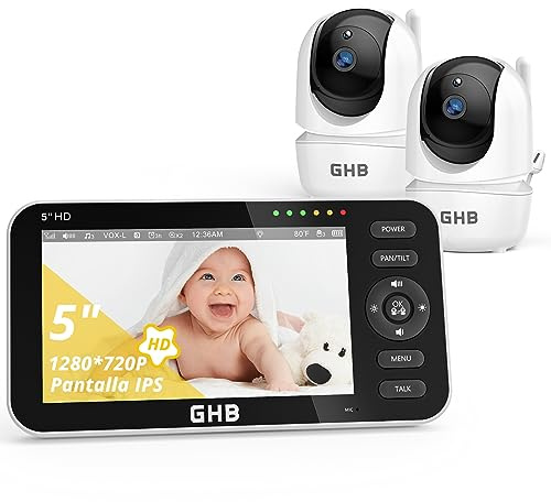 GHB Babyphone mit 2 Kameras 5 Zoll 720P HD IPS-Display mit 4000mAh Akku Pan/Tilt 350°/110° VOX-Modus Gegensprechen Nachtsicht Temperaturanzeige