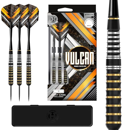 Harrows Vulcan Messing Steeltip Darts Set in 22g, 24g oder 26g – Rubber Coated Barrels mit Speedline Shafts, Vulcan Flights & Dartcase – Robuste Darts für Freizeit- & Wettkampfspiele