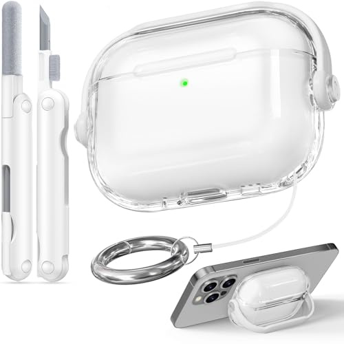 TNSNK Kratzern für AirPods Pro 3 Hülle, Clear White | Integriertes Design aus Halterung und Sicherheitsverschluss, Unterstützt drahtloses Laden, mit Clean Kit und Keychain