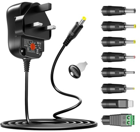 Basicvolt 24W Universal Power Supply 3V 4.5V 5V 6V 7.5V 9V 12V AC/DC Power Adapter with 8 Tips for Household Electronics, 2A Max
