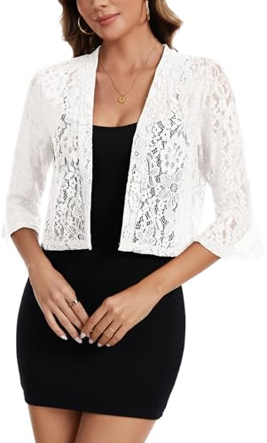 Women's Lace Bolero Shrug Open Front 3/4 Sleeve Cardigan Cover Up White L