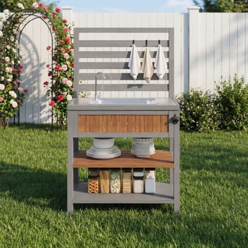 Merax Armario de jardín con lavabo de agua y grifo, armario de cocina para exteriores con gran superficie de trabajo de acero inoxidable, cajón y abridor de botellas integrado