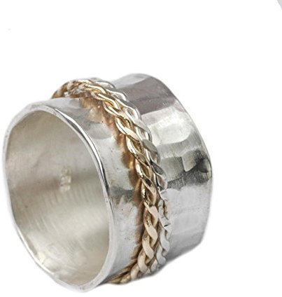 Bicolor Drehring mit beweglichen gezwirbelten Ringschienen aus 925er Silber und 375er Gold Größen 62 (19.7)