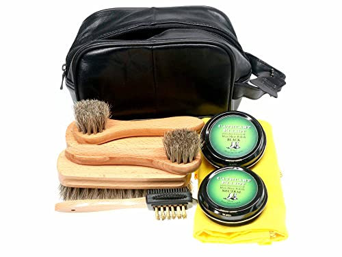 Cathcart Elliot High Quality Shoe Cleaning Polishing Care Kit in Leather Bag 5 brushes 2 tins wax polish Horsehair brushes for Shine large Cotton Cloth